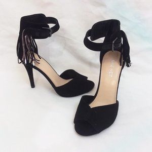 Nine West Black Stiletto Heels AMMA20 Ankle Straps Fringe Peep Toe 5M